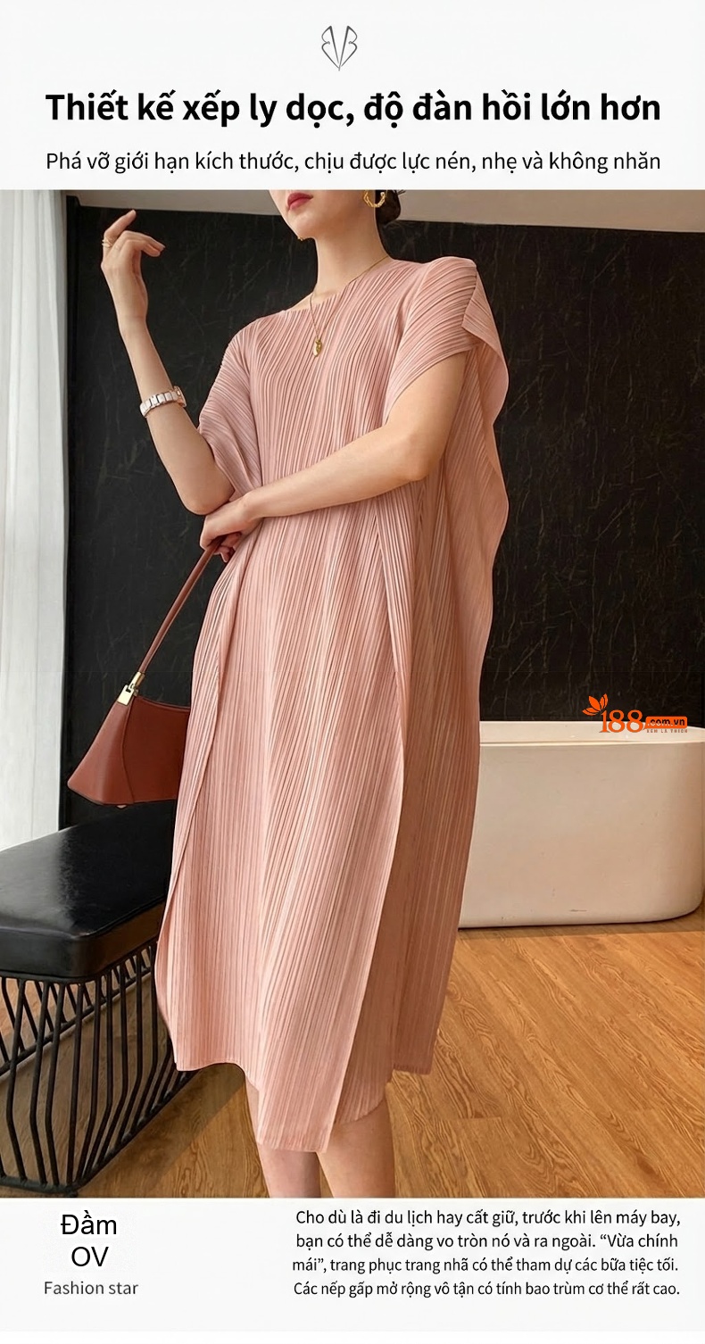 Váy Suông Nữ Miyake Ly Nhún Thiết Kế Bất Đối Xứng Phong Cách Ulzzang Màu Hồng, Nâu, Xanh Dương, Đen... chi tiết 1