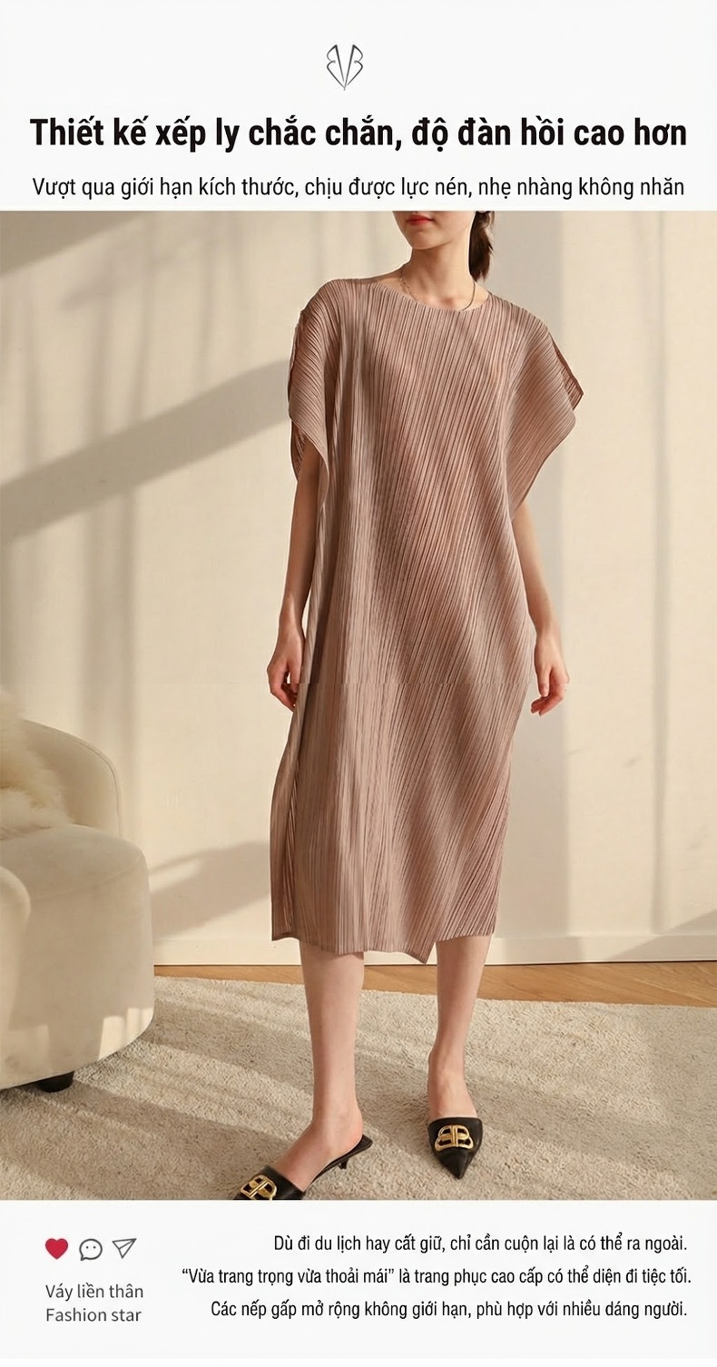 Váy Suông Nữ Miyake Ly Nhún Thiết Kế Bất Đối Xứng Phong Cách Ulzzang Màu Hồng, Nâu, Xanh Dương, Đen... chi tiết 15