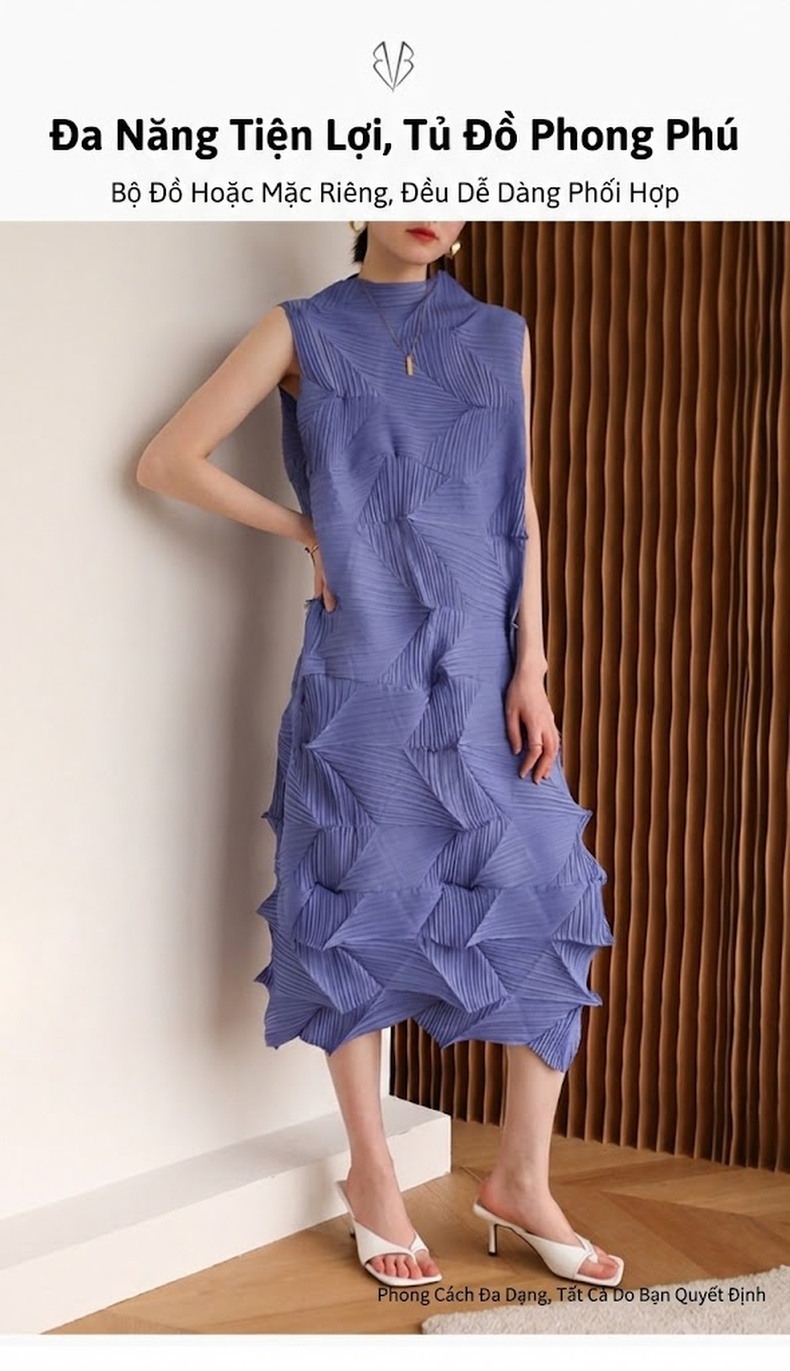 Váy Suông Nữ Mùa Hè Thiết Kế Nếp Gấp Ba Mảnh Oversize Không Tay Màu Hồng, Xanh Dương, Xám, Xám Đậm... chi tiết 3