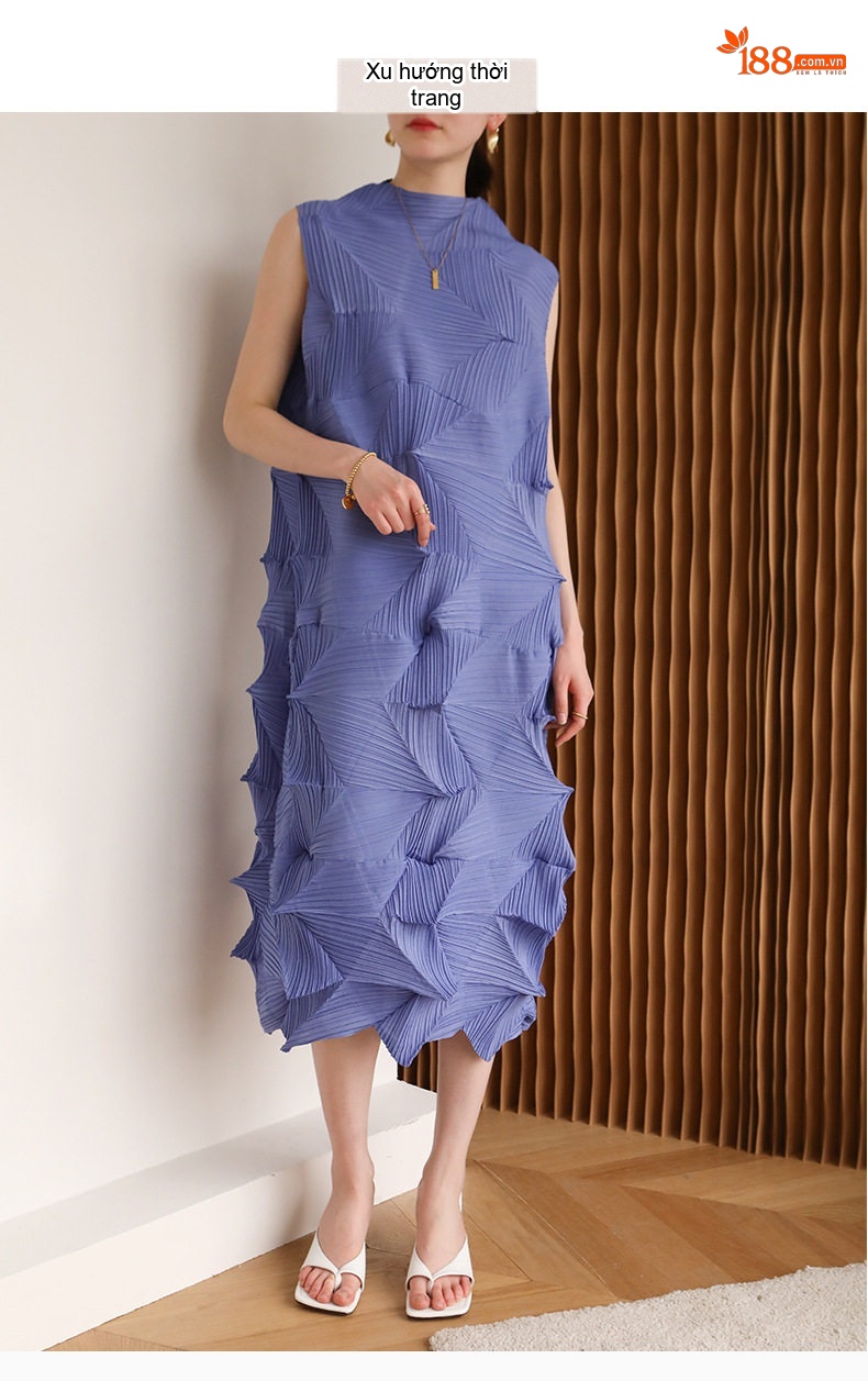 Váy Suông Nữ Mùa Hè Thiết Kế Nếp Gấp Ba Mảnh Oversize Không Tay Màu Hồng, Xanh Dương, Xám, Xám Đậm... chi tiết 2
