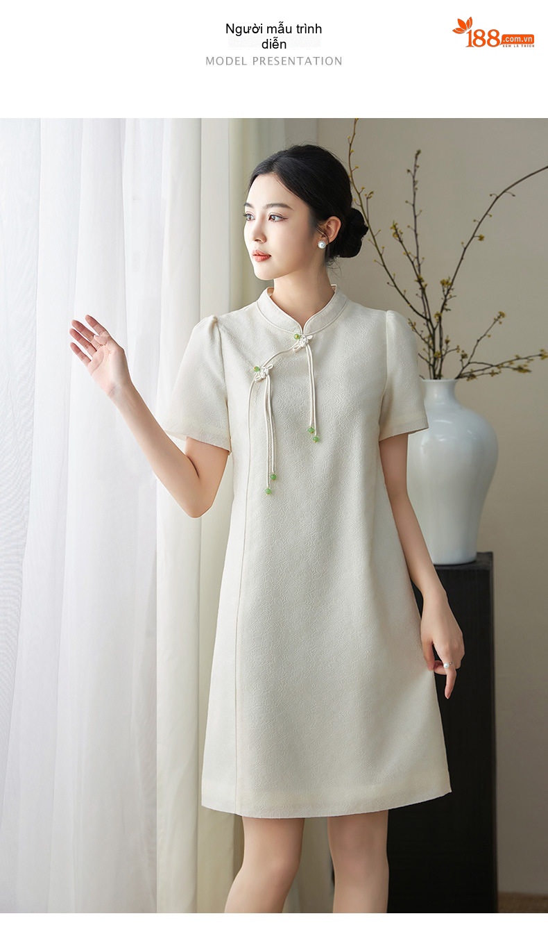 Váy Suông Nữ Trung Hoa Cách Tân Thêu Hoa Văn Nhẹ Nhàng Màu Trắng, Hồng chi tiết 7