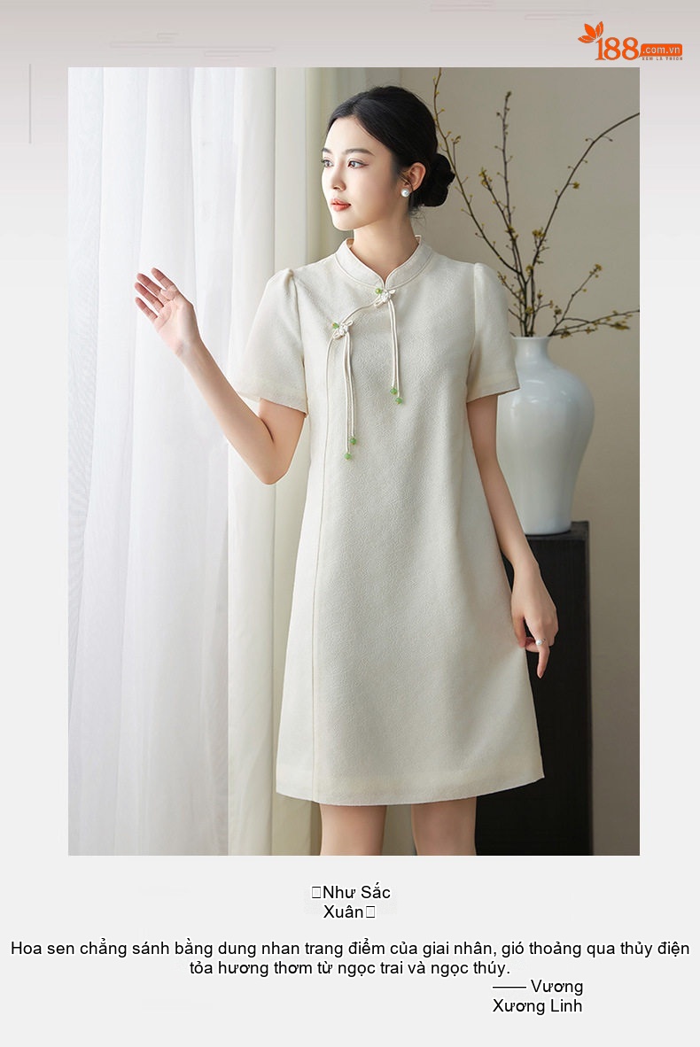 Váy Suông Nữ Trung Hoa Cách Tân Thêu Hoa Văn Nhẹ Nhàng Màu Trắng, Hồng chi tiết 1