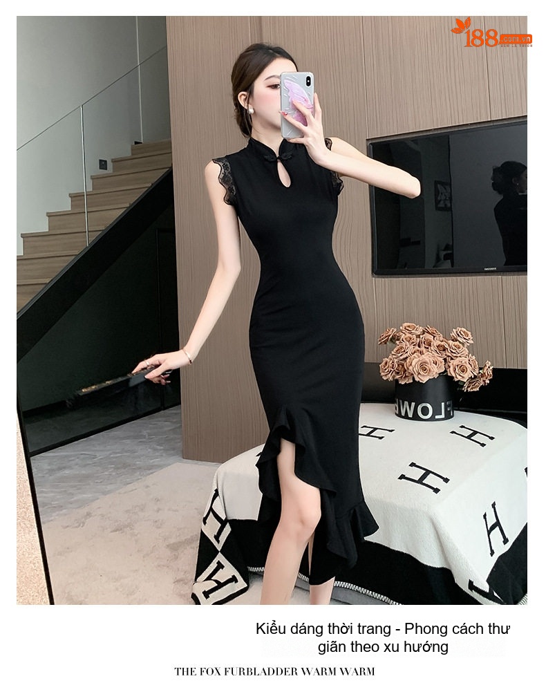 Váy Suông Nữ Xẻ Tà Họa Tiết Hoa Tay Ren Ôm Eo Màu Đen chi tiết 1