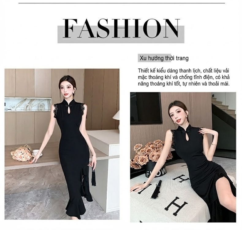 Váy Suông Nữ Xẻ Tà Họa Tiết Hoa Tay Ren Ôm Eo Màu Đen chi tiết 2