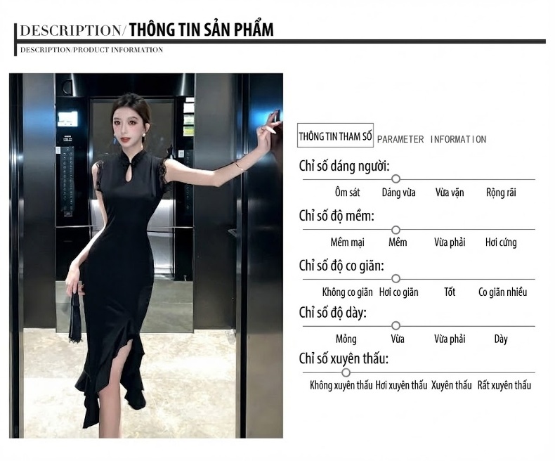 Váy Suông Nữ Xẻ Tà Họa Tiết Hoa Tay Ren Ôm Eo Màu Đen chi tiết 5