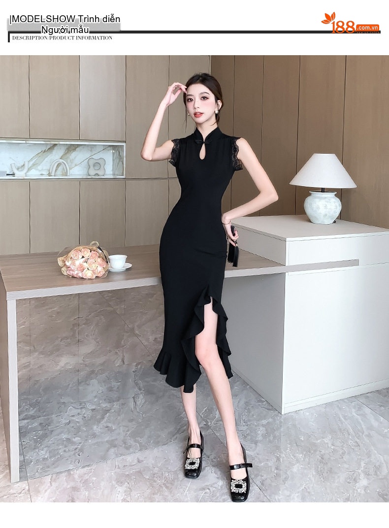 Váy Suông Nữ Xẻ Tà Họa Tiết Hoa Tay Ren Ôm Eo Màu Đen chi tiết 7