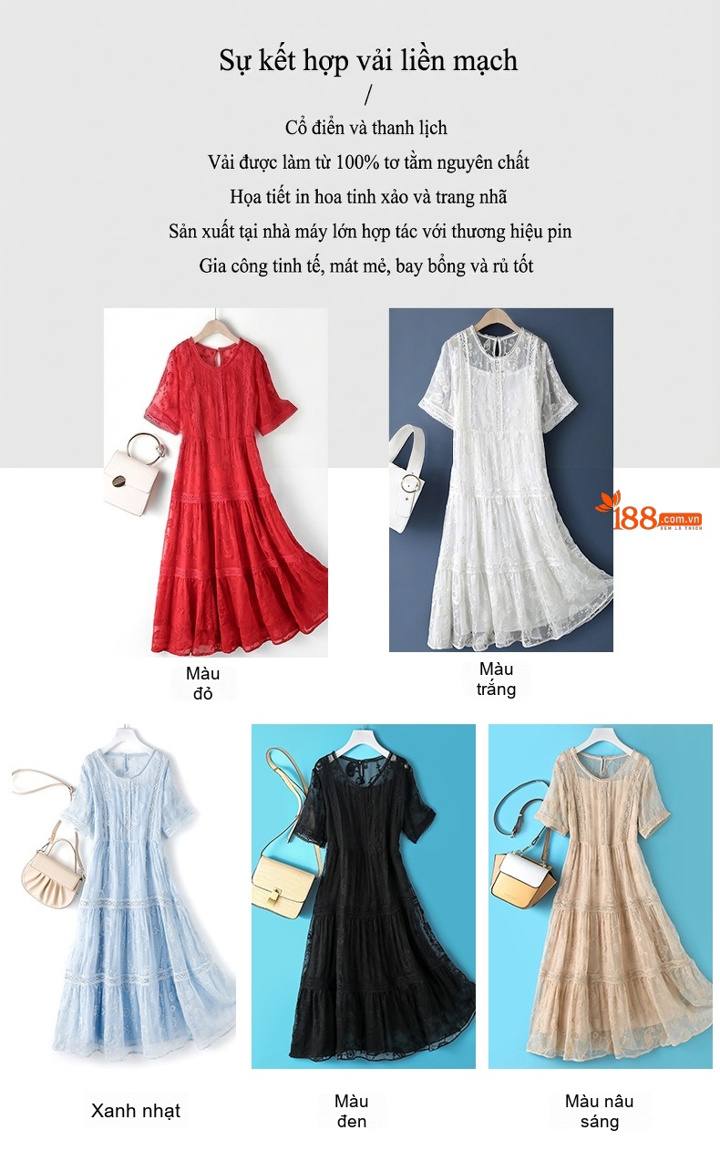 Váy Suông Thêu Hoa Nữ Lụa Tằm Màu Trắng, Đỏ, Đen, Xanh... chi tiết 2