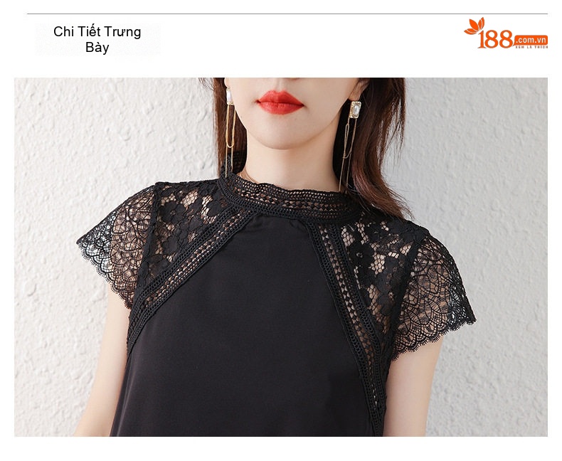 Váy Suông Tiểu Thư Cổ Tàu Tay Ren Lưới Họa Tiết Màu Đen chi tiết 14
