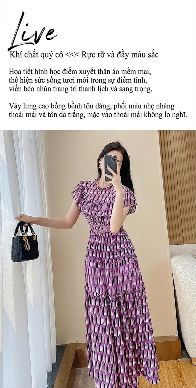 Váy Tea Break Nữ Tay Ngắn Họa Tiết Hoa Nhỏ Dáng Xòe Màu Tím, Đen, Trắng chi tiết 4