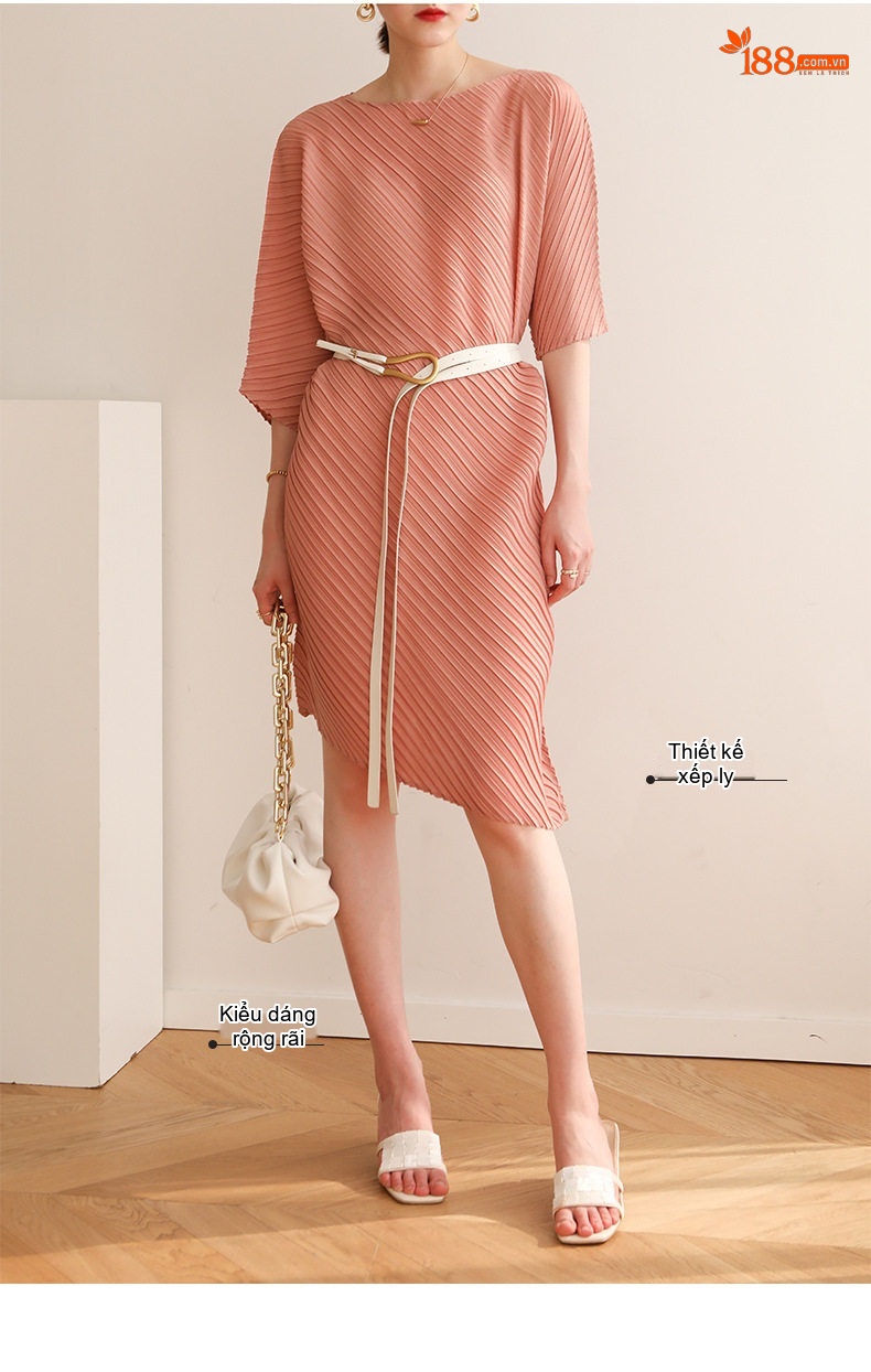 Váy Thun Nữ Xếp Ly Tay Lỡ Dáng Rộng Bất Đối Xứng Màu Đỏ, Xanh Dương, Xám, Tím... chi tiết 2
