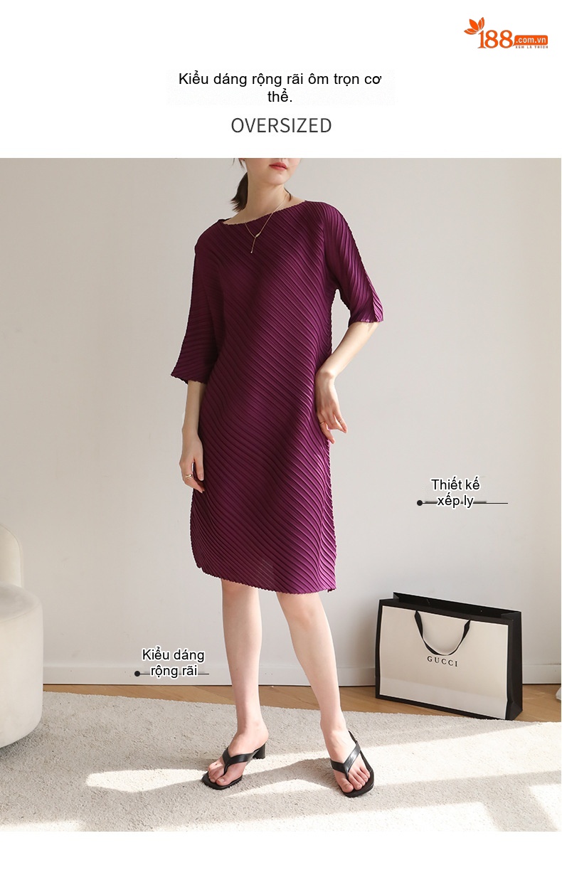 Váy Thun Nữ Xếp Ly Tay Lỡ Dáng Rộng Bất Đối Xứng Màu Đỏ, Xanh Dương, Xám, Tím... chi tiết 11