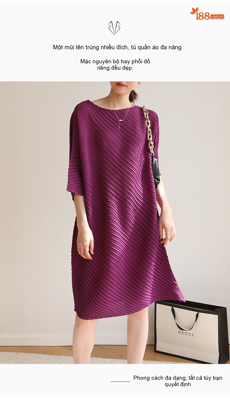 Váy Thun Nữ Xếp Ly Tay Lỡ Dáng Rộng Bất Đối Xứng Màu Đỏ, Xanh Dương, Xám, Tím... chi tiết 12