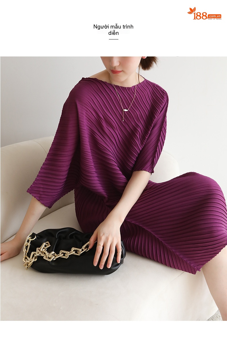 Váy Thun Nữ Xếp Ly Tay Lỡ Dáng Rộng Bất Đối Xứng Màu Đỏ, Xanh Dương, Xám, Tím... chi tiết 14