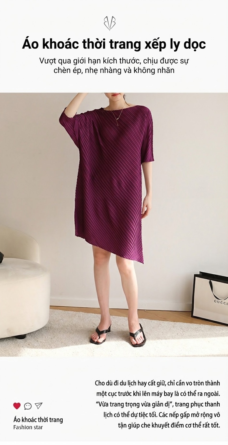 Váy Thun Nữ Xếp Ly Tay Lỡ Dáng Rộng Bất Đối Xứng Màu Đỏ, Xanh Dương, Xám, Tím... chi tiết 10