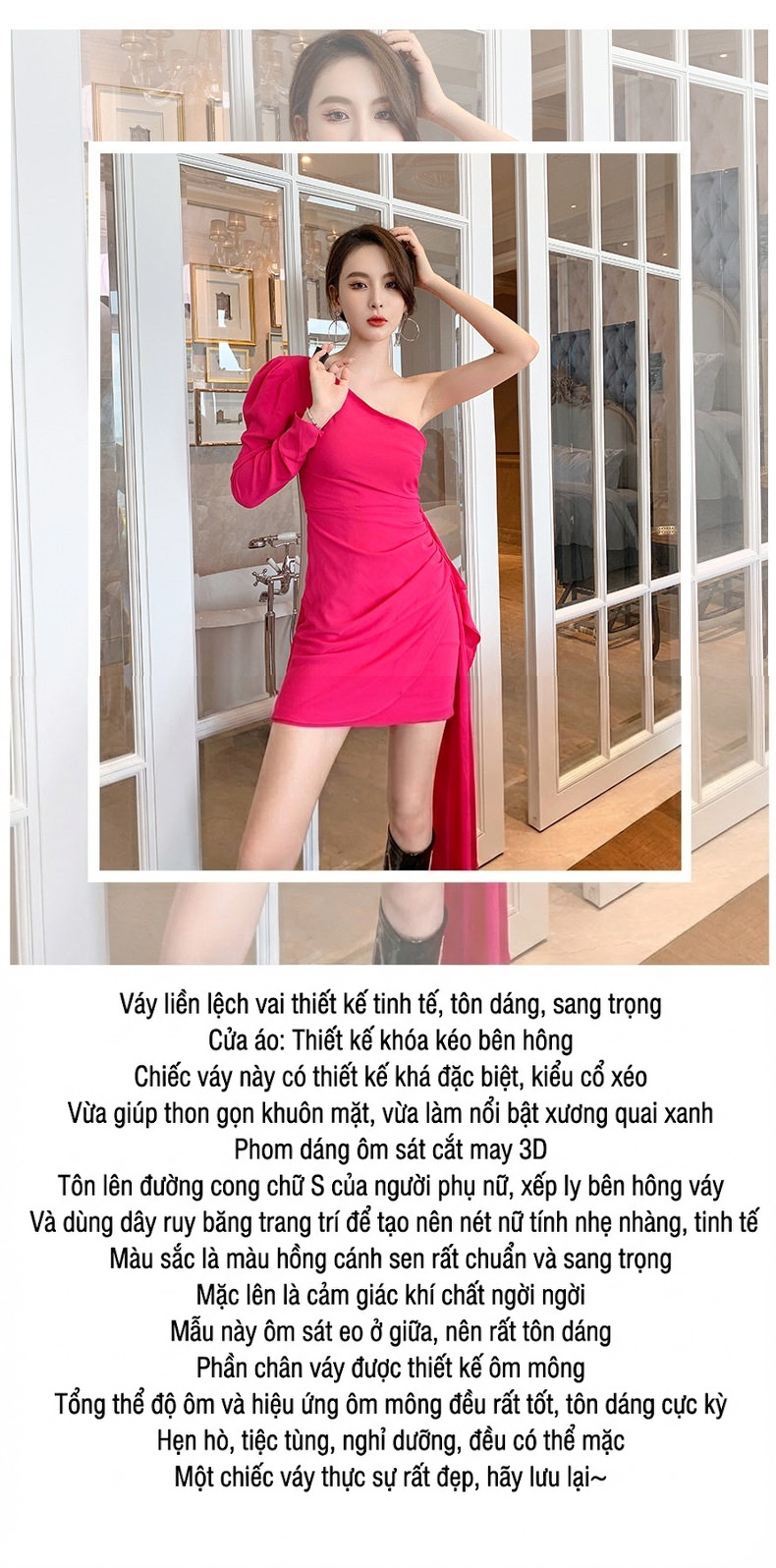 Váy Tiểu Thư Dáng Ngắn Lệch Vai Thiết Kế Xẻ Tà Màu Hồng chi tiết 1
