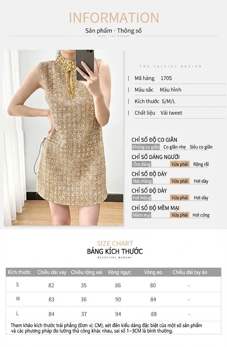 Váy Tiểu Thư Nữ Vải Tweed Thiết Kế Đính Hạt Sang Trọng Màu Vàng chi tiết 1