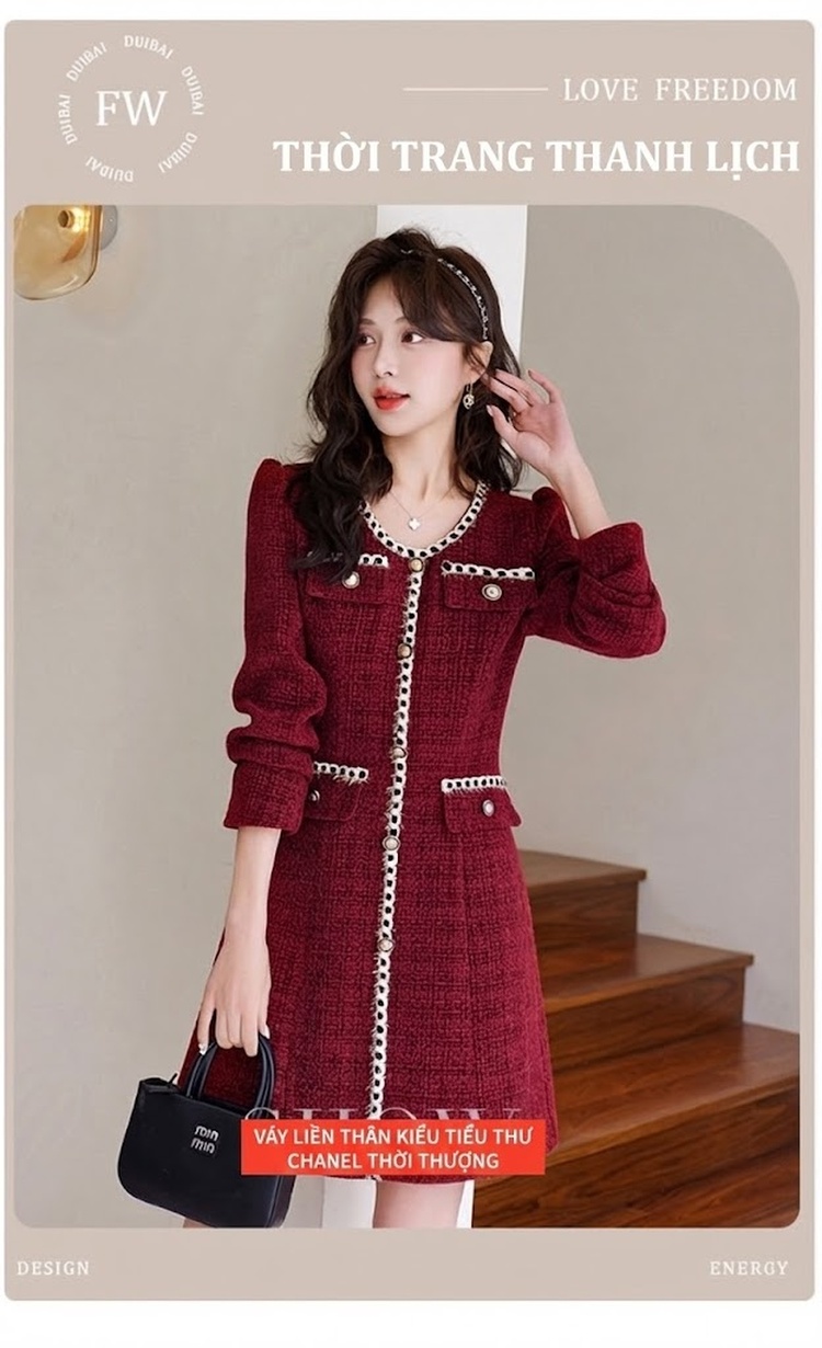 Váy Tweed Nữ dáng chữ A Chiết Eo Phong Cách Tiểu Thư Màu Be, Đỏ, Đen chi tiết 1