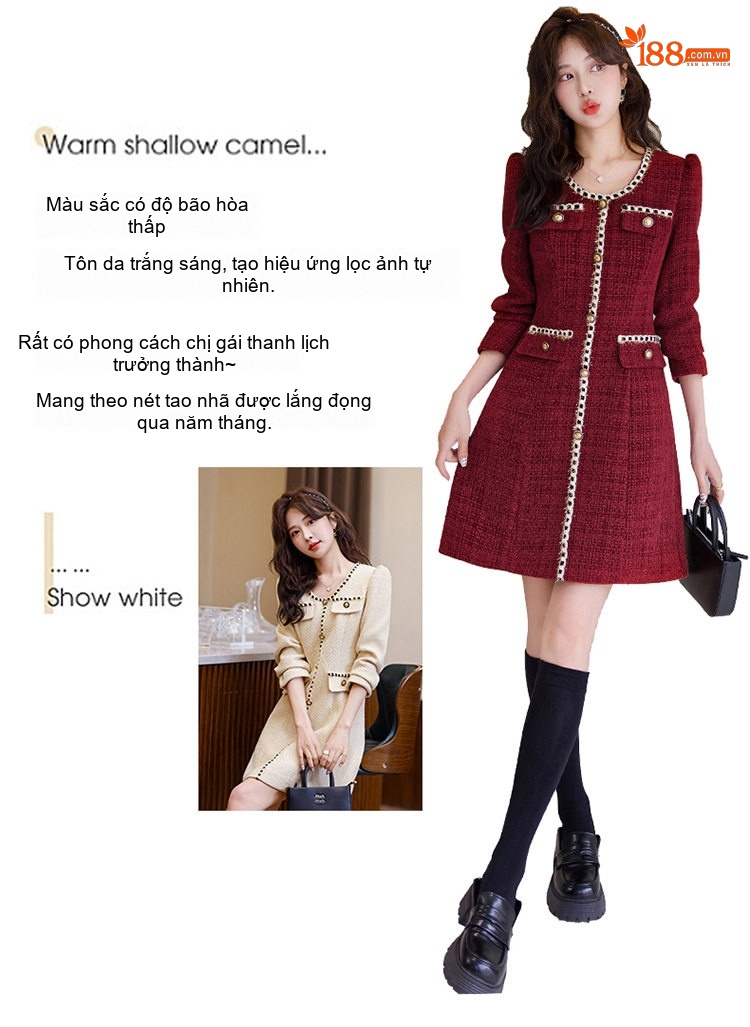 Váy Tweed Nữ dáng chữ A Chiết Eo Phong Cách Tiểu Thư Màu Be, Đỏ, Đen chi tiết 2