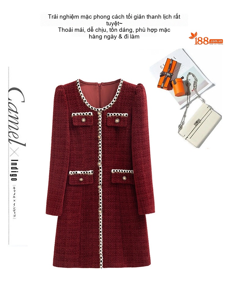 Váy Tweed Nữ dáng chữ A Chiết Eo Phong Cách Tiểu Thư Màu Be, Đỏ, Đen chi tiết 3
