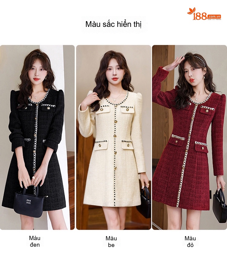 Váy Tweed Nữ dáng chữ A Chiết Eo Phong Cách Tiểu Thư Màu Be, Đỏ, Đen chi tiết 4