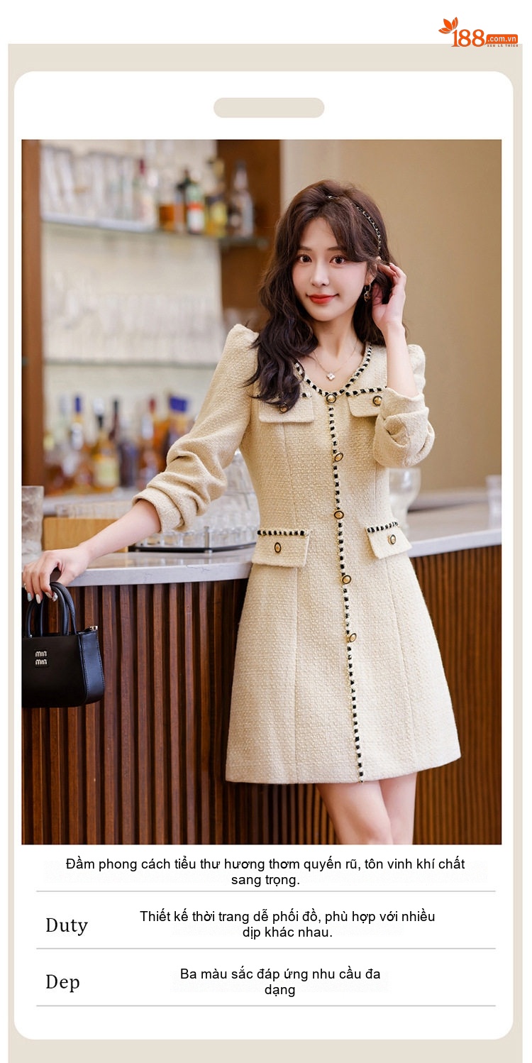 Váy Tweed Nữ dáng chữ A Chiết Eo Phong Cách Tiểu Thư Màu Be, Đỏ, Đen chi tiết 5