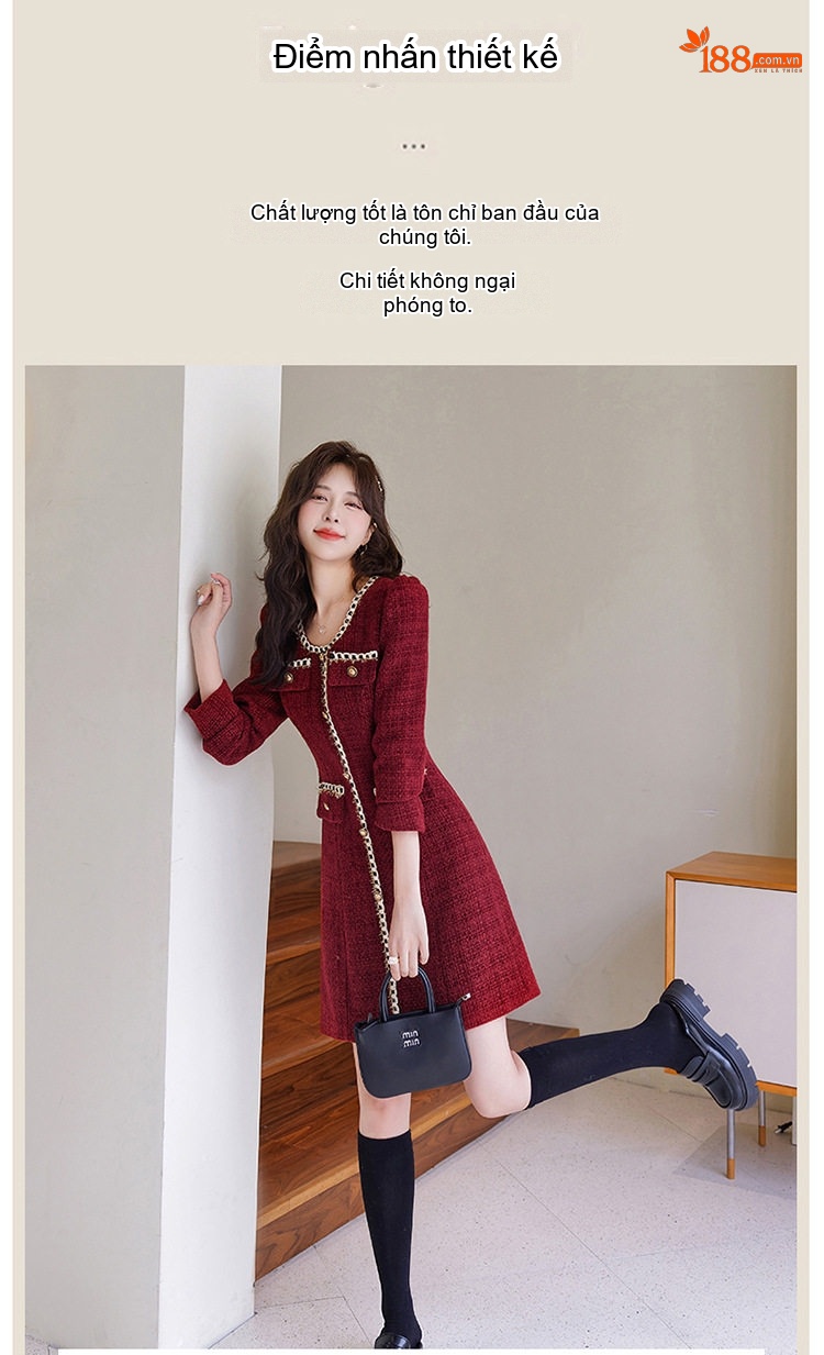 Váy Tweed Nữ dáng chữ A Chiết Eo Phong Cách Tiểu Thư Màu Be, Đỏ, Đen chi tiết 6