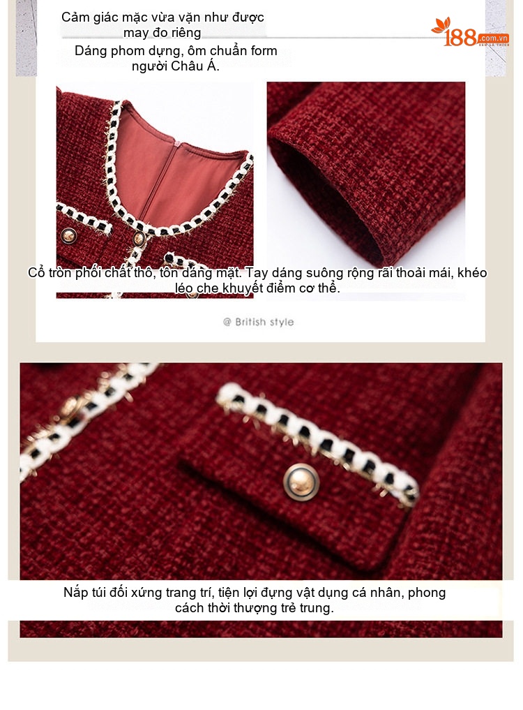 Váy Tweed Nữ dáng chữ A Chiết Eo Phong Cách Tiểu Thư Màu Be, Đỏ, Đen chi tiết 7