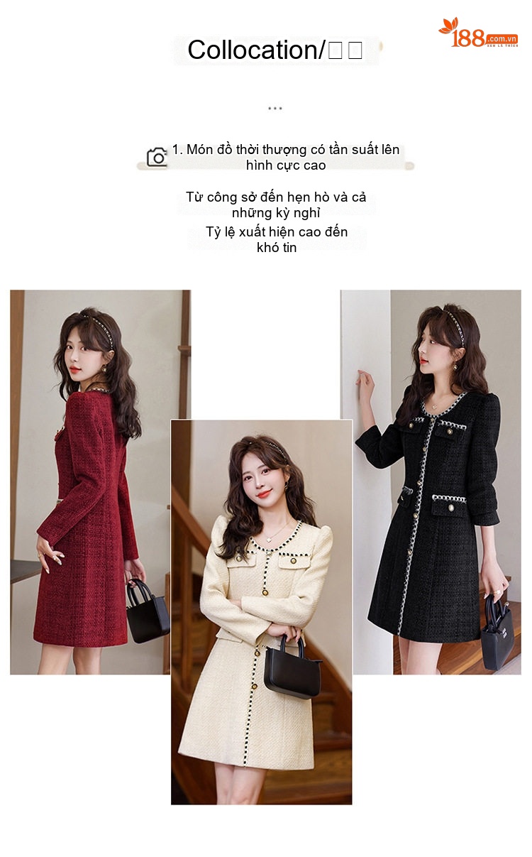 Váy Tweed Nữ dáng chữ A Chiết Eo Phong Cách Tiểu Thư Màu Be, Đỏ, Đen chi tiết 8
