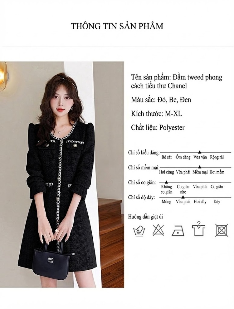 Váy Tweed Nữ dáng chữ A Chiết Eo Phong Cách Tiểu Thư Màu Be, Đỏ, Đen chi tiết 11
