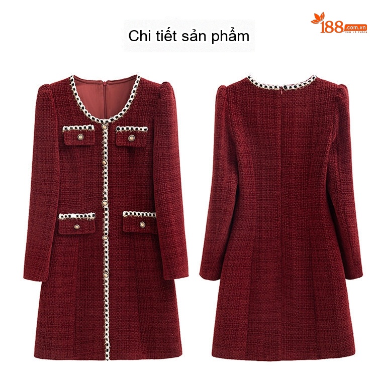 Váy Tweed Nữ dáng chữ A Chiết Eo Phong Cách Tiểu Thư Màu Be, Đỏ, Đen chi tiết 33