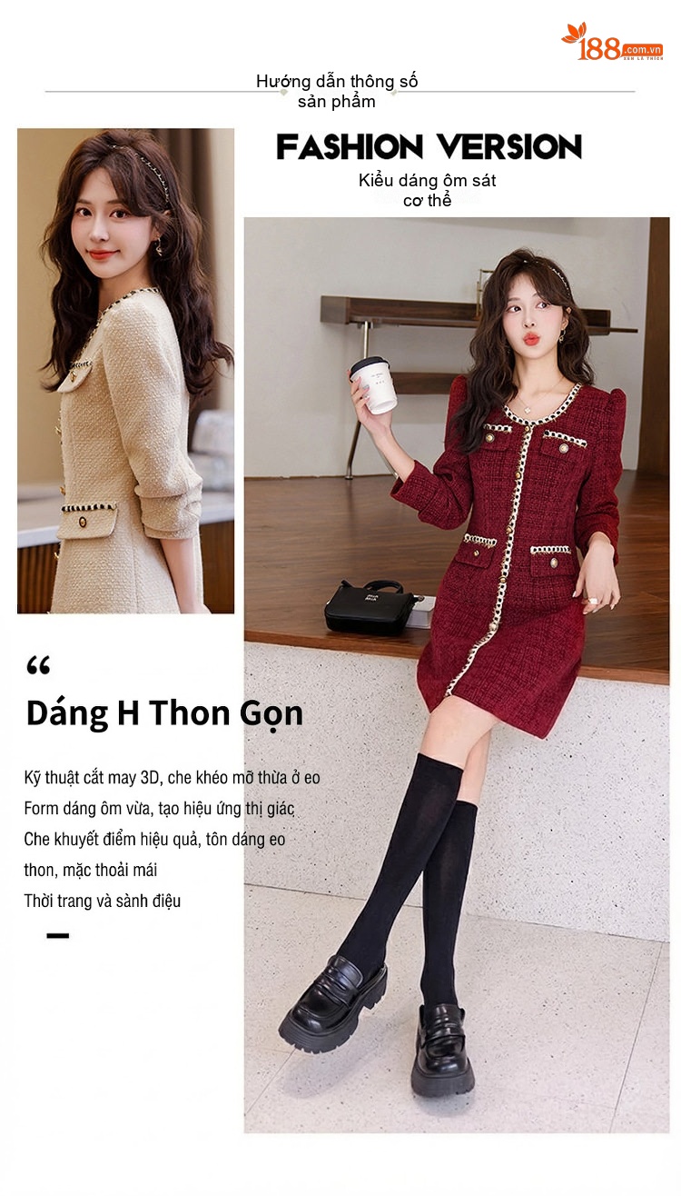 Váy Tweed Nữ dáng chữ A Chiết Eo Phong Cách Tiểu Thư Màu Be, Đỏ, Đen chi tiết 9