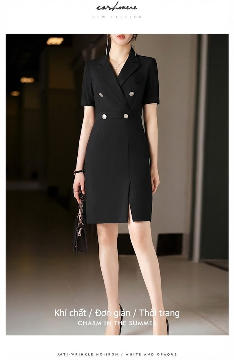 Váy Vest Công Sở Nữ Tay Ngắn dáng chữ A Thanh Lịch Màu Đen, Xanh Navy chi tiết 19