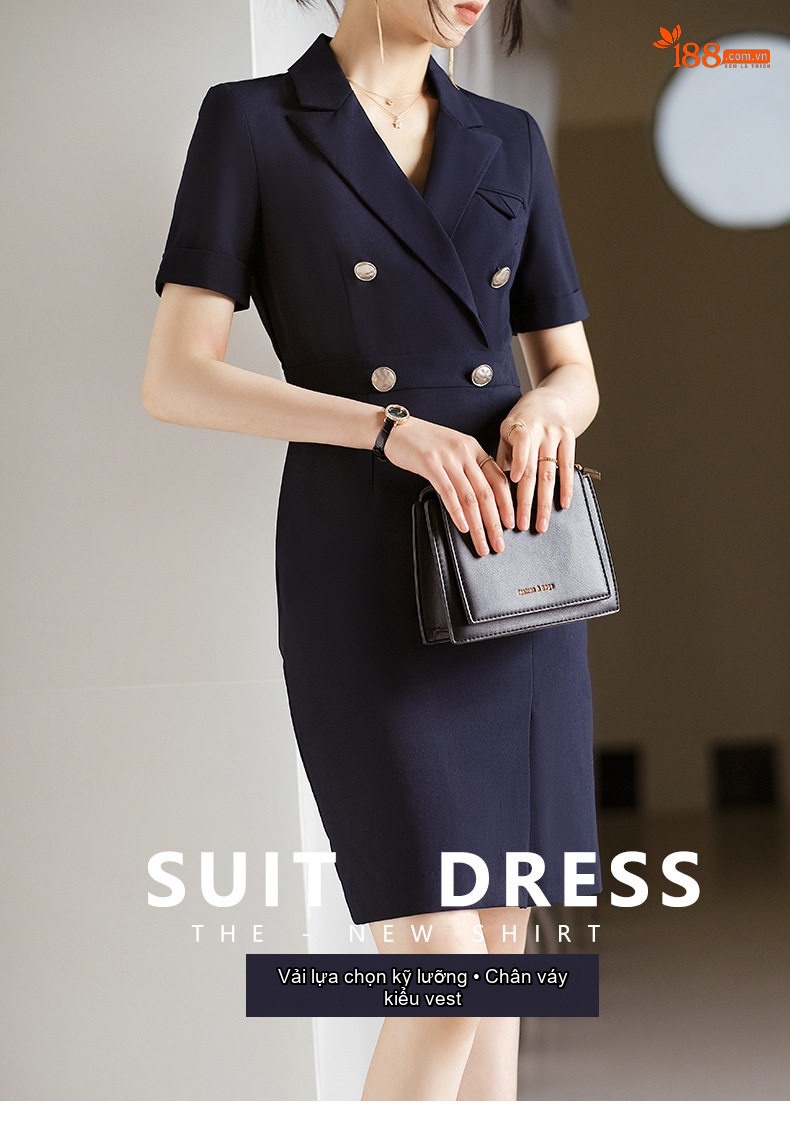 Váy Vest Công Sở Nữ Tay Ngắn dáng chữ A Thanh Lịch Màu Đen, Xanh Navy chi tiết 2
