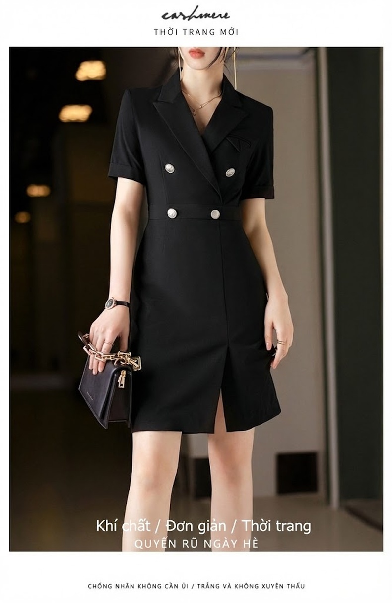 Váy Vest Công Sở Nữ Tay Ngắn dáng chữ A Thanh Lịch Màu Đen, Xanh Navy chi tiết 20