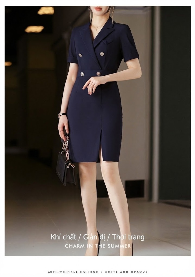 Váy Vest Công Sở Nữ Tay Ngắn dáng chữ A Thanh Lịch Màu Đen, Xanh Navy chi tiết 16