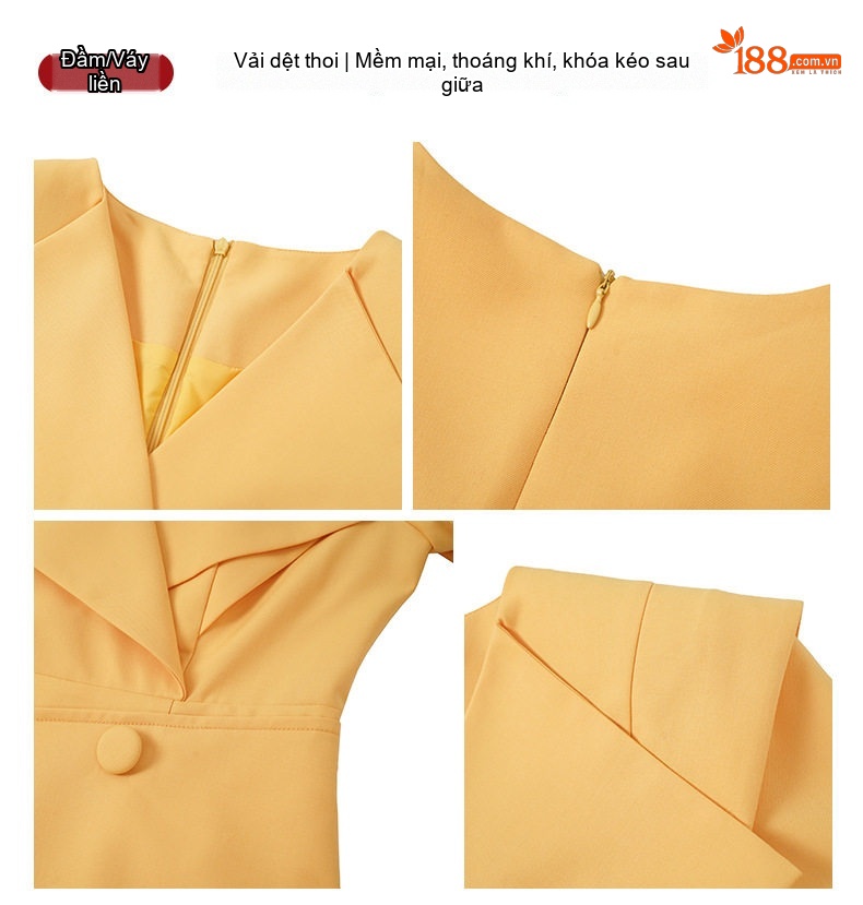 Váy Vest Nữ Cổ chữ Ve Áo Tay Dài Dáng Ôm Đi Làm Công Sở Màu Vàng, Đỏ Rượu chi tiết 4