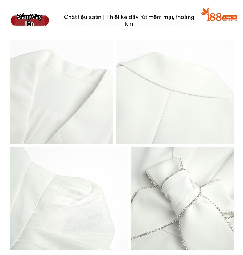 Váy Vest Nữ Công Sở Cổ chữ Ve Áo Tay Bồng Thắt Eo Thiết Kế Độc Đáo Màu Vàng, Trắng chi tiết 4