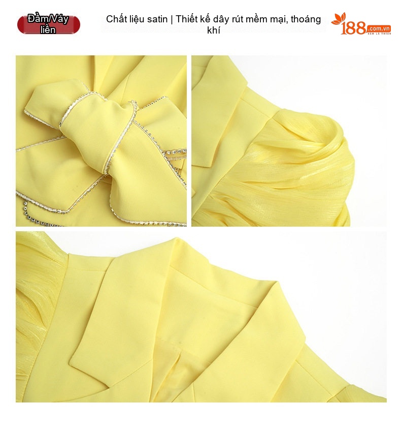 Váy Vest Nữ Công Sở Cổ chữ Ve Áo Tay Bồng Thắt Eo Thiết Kế Độc Đáo Màu Vàng, Trắng chi tiết 5