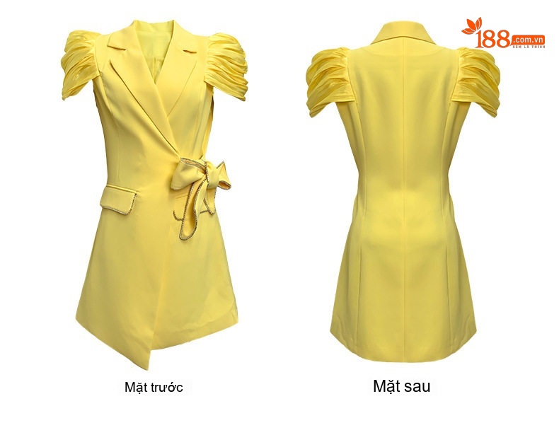 Váy Vest Nữ Công Sở Cổ chữ Ve Áo Tay Bồng Thắt Eo Thiết Kế Độc Đáo Màu Vàng, Trắng chi tiết 6