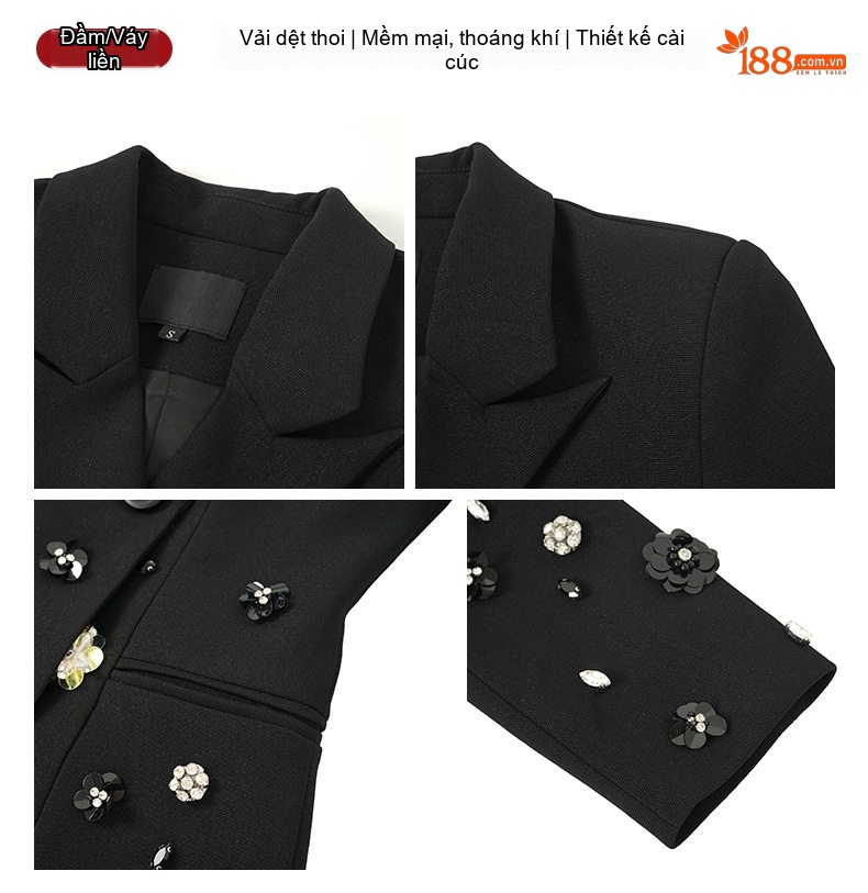 Váy Vest Nữ Đính Đá Thiết Kế Pháp Sang Trọng Màu Đen chi tiết 3