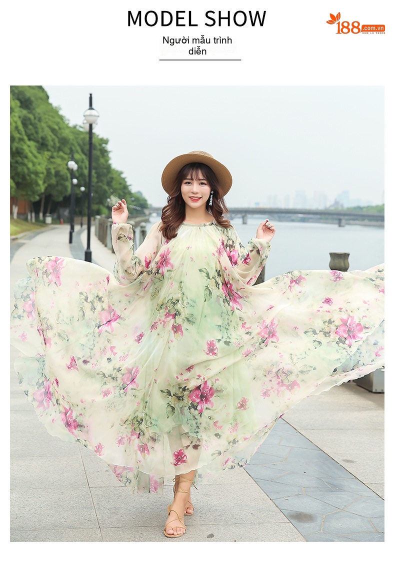Váy Voan Dáng Dài Tay Dài Họa Tiết Hoa Đi Biển Mùa Hè Màu Đỏ, Xanh, Tím, Vàng... chi tiết 6
