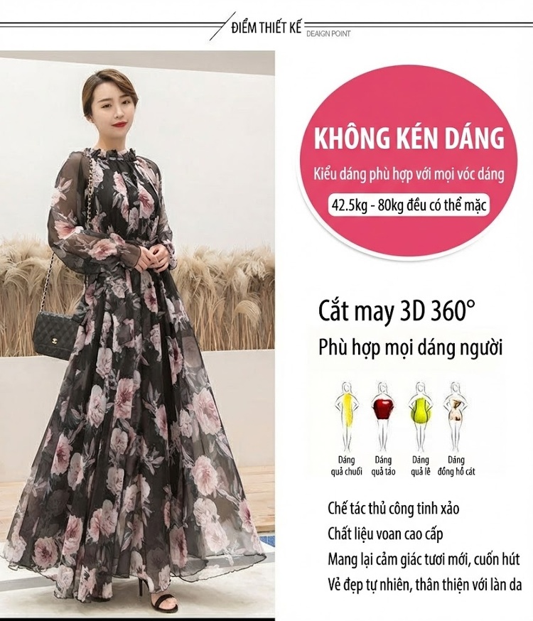 Váy Voan Dáng Dài Tay Dài Họa Tiết Hoa Đi Biển Mùa Hè Phong Cách Âu Mỹ Màu Đen, Hồng chi tiết 2