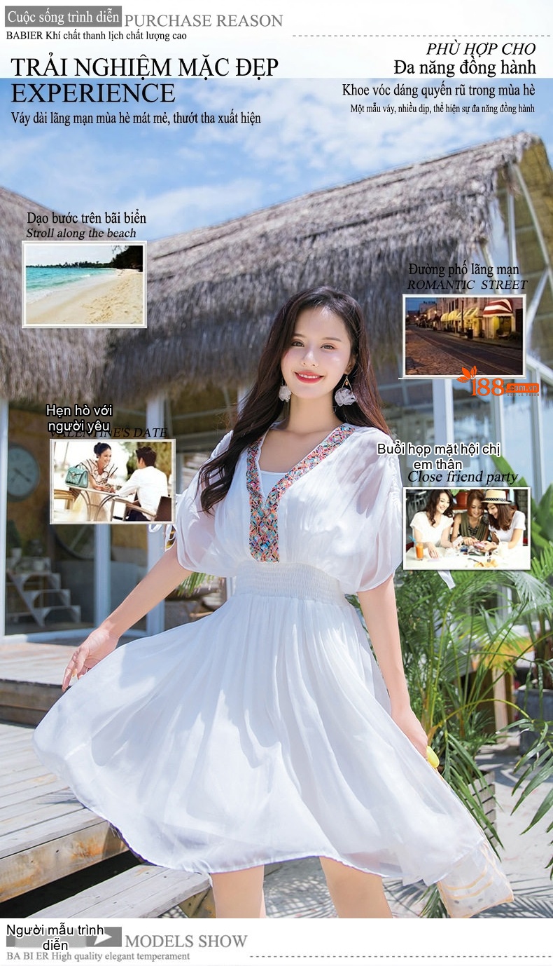 Váy Voan Lụa Mềm Mại Đính Hạt Bẹt Bohemieng Đi Biển Màu Đen, Trắng chi tiết 5