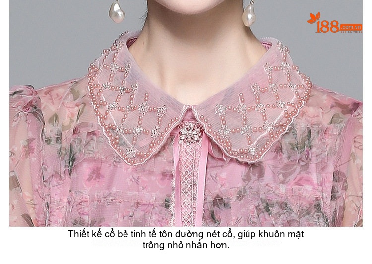 Váy Xòe Bánh Bèo Nữ Voan Lưới Thiết Kế Tiểu Thư Cao Cấp Họa Tiết Hoa Nhỏ Màu Hồng chi tiết 13