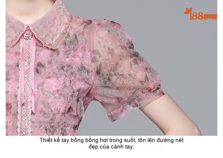 Váy Xòe Bánh Bèo Nữ Voan Lưới Thiết Kế Tiểu Thư Cao Cấp Họa Tiết Hoa Nhỏ Màu Hồng chi tiết 14