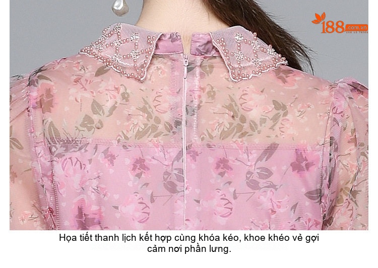 Váy Xòe Bánh Bèo Nữ Voan Lưới Thiết Kế Tiểu Thư Cao Cấp Họa Tiết Hoa Nhỏ Màu Hồng chi tiết 16