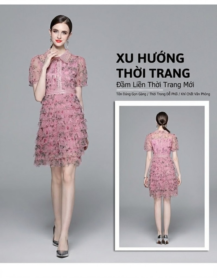 Váy Xòe Bánh Bèo Nữ Voan Lưới Thiết Kế Tiểu Thư Cao Cấp Họa Tiết Hoa Nhỏ Màu Hồng chi tiết 3