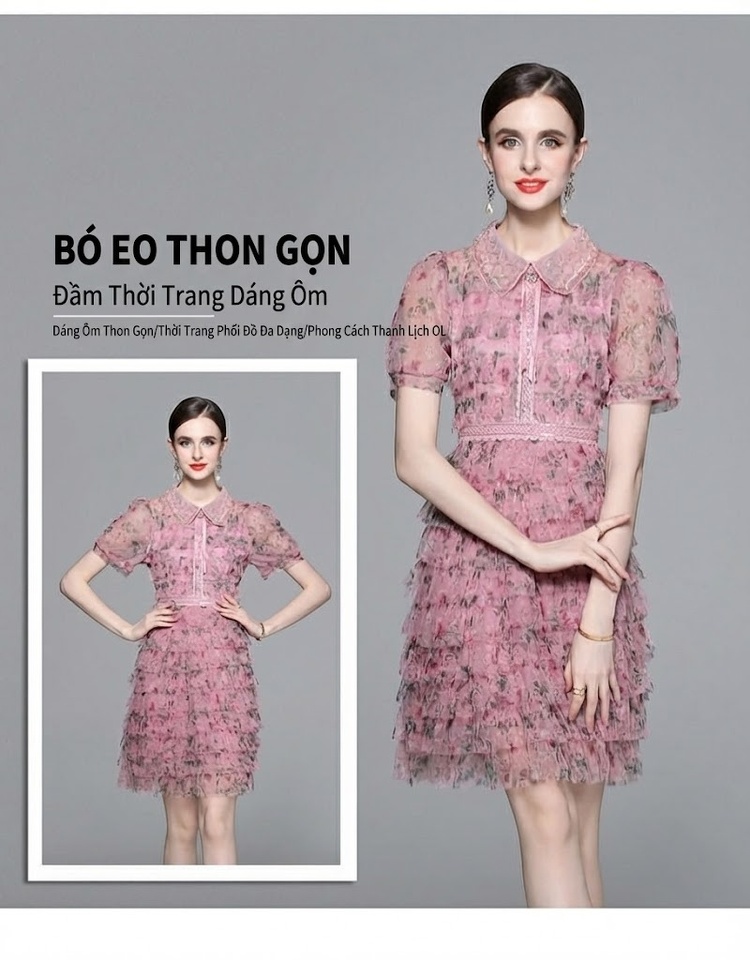 Váy Xòe Bánh Bèo Nữ Voan Lưới Thiết Kế Tiểu Thư Cao Cấp Họa Tiết Hoa Nhỏ Màu Hồng chi tiết 4