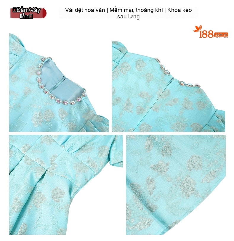 Váy Xòe Nữ Cổ Tròn Tay Bồng Eo Chun In Hoa Phong Cách Tiểu Thư Màu Xanh chi tiết 3
