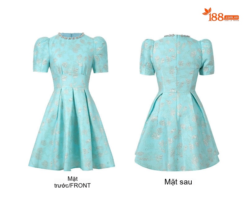 Váy Xòe Nữ Cổ Tròn Tay Bồng Eo Chun In Hoa Phong Cách Tiểu Thư Màu Xanh chi tiết 4